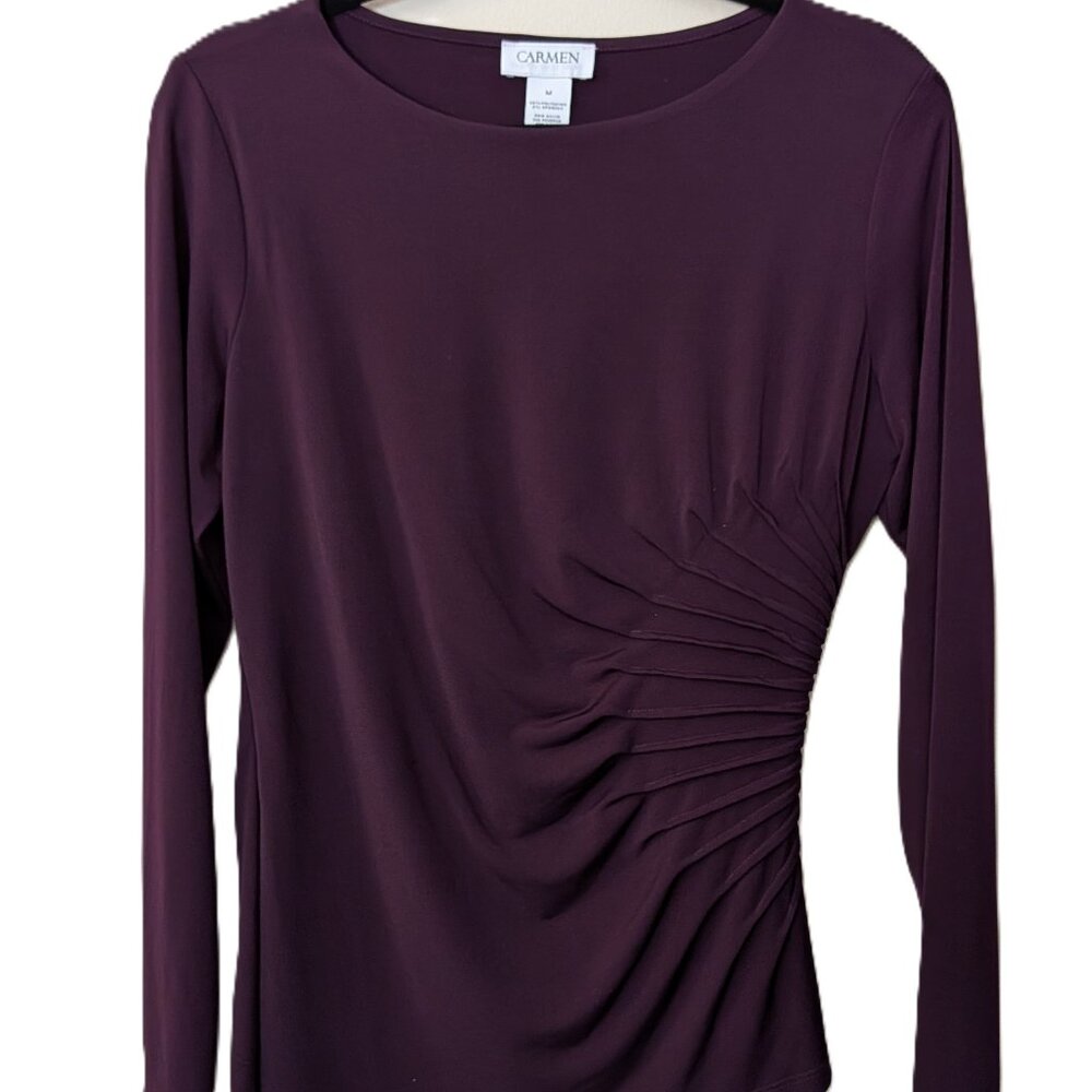 Carmen Marc Valvo Women's Plum Stretch Knit Ruched Long Sleeve Top. Size Medium